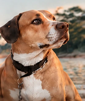 Buddy enjoying the beach at sunset
